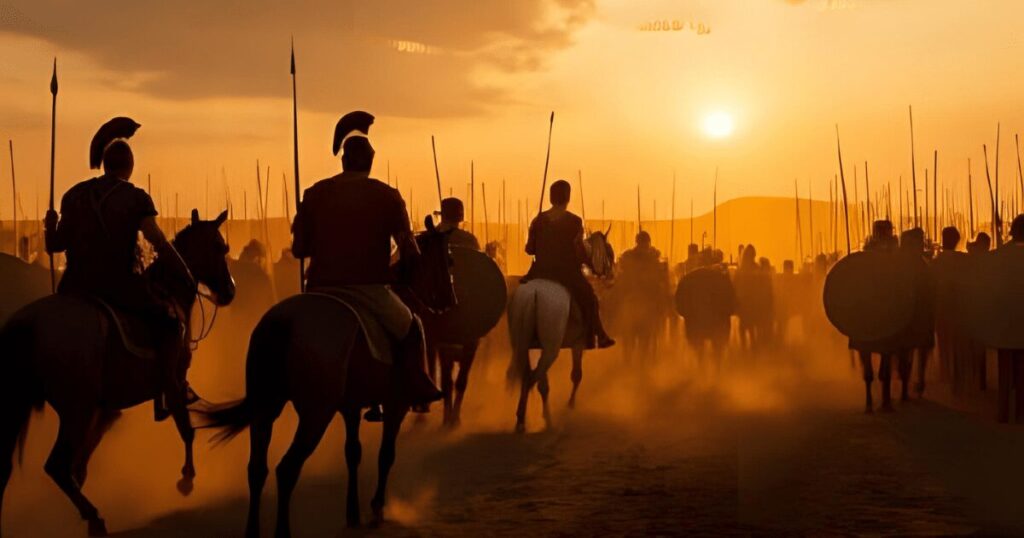 古代ローマ_夕焼けに向かって進軍するローマ兵たち